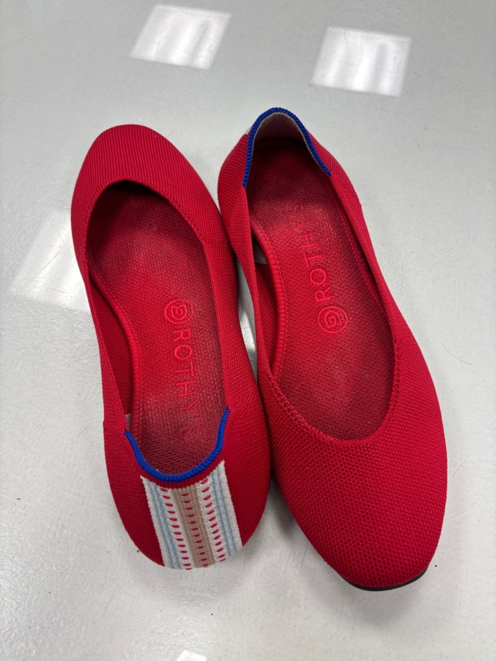Rothy's Red Knit Ballet Flats with Multicolor Heel Detail
